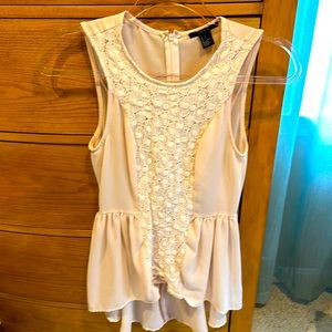 Forever 21 juniors S sheer pink sleeveless top, lacey-front, worn 3x, zip back